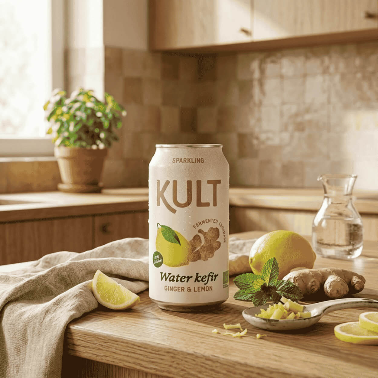 Kult Kefir fermented non-alcoholic, lemonade, low sugar content, postbiotics